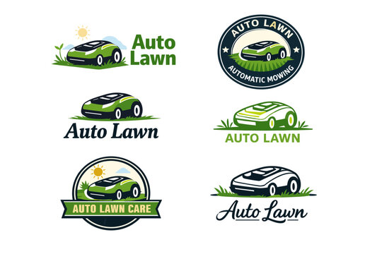 Auto lawn logo set featuring robotic mower design variations
