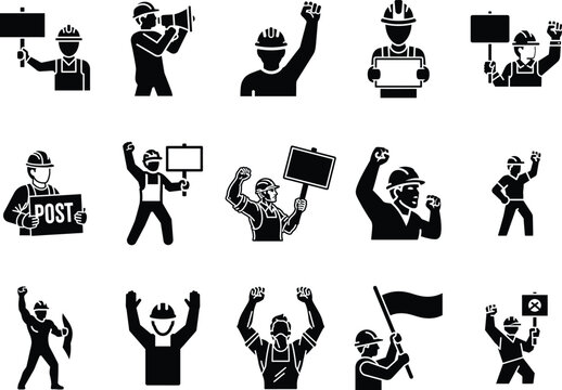 A collection of black and white worker icons holding protest signs Vector