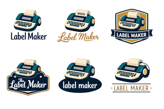 Vintage label maker logo designs with typewriters and decorative badges