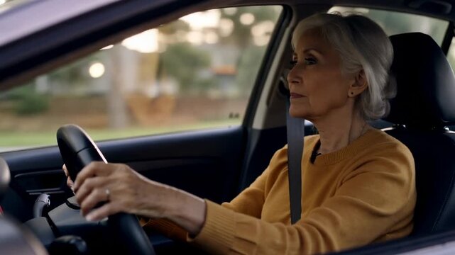 A about learning to drive, featuring an elderly woman wearing a seatbelt while driving a car, providing guidance and instruction on safe driving practices.