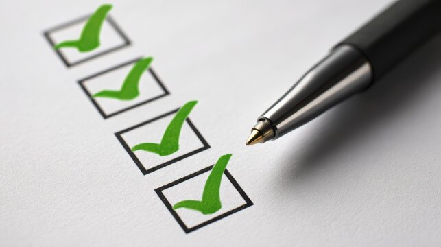 Checklist with green check marks, quality control and approval