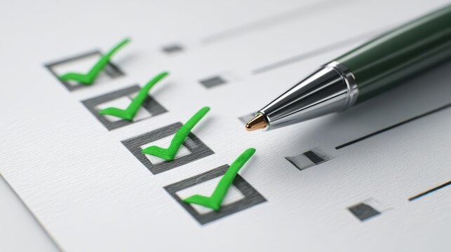 Checklist with green check marks, quality control and approval