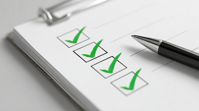 Checklist with green check marks, quality control and approval