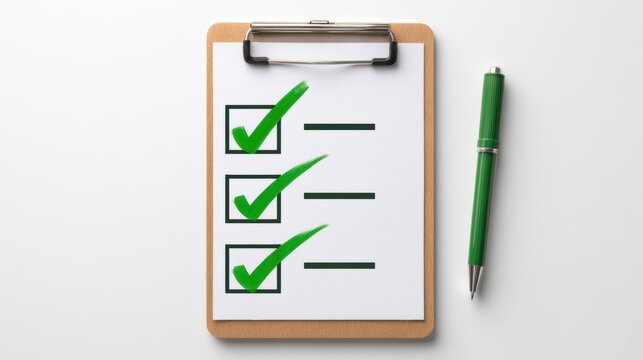 Checklist with green check marks, quality control and approval