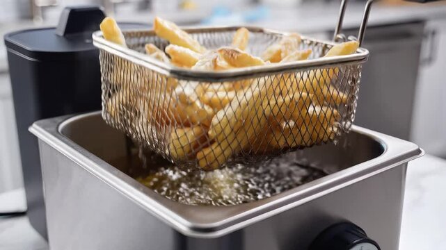 Close up of french fries being deep fried in a kitchen.
