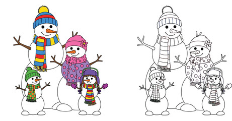 Naklejka premium Cute Snowman Family with Colorful Winter Accessories, Colored and Line Art Vector Set for Kids Coloring Book and Christmas Holiday Activity