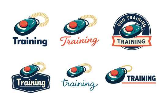 Collection of dog training icons featuring clickers in various styles and designs