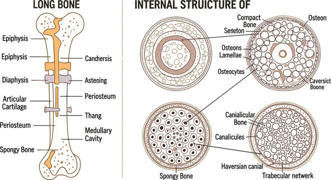Long Bone Anatomy and Internal Bone Structure Diagram Showing Compact Bone, Spongy Bone, Osteon, Haversian Canal, and Medullary Cavity for Medical Education Vector Illustration