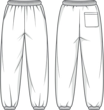 White sweatpants with elastic waistband front and back view fashion flat sketch.