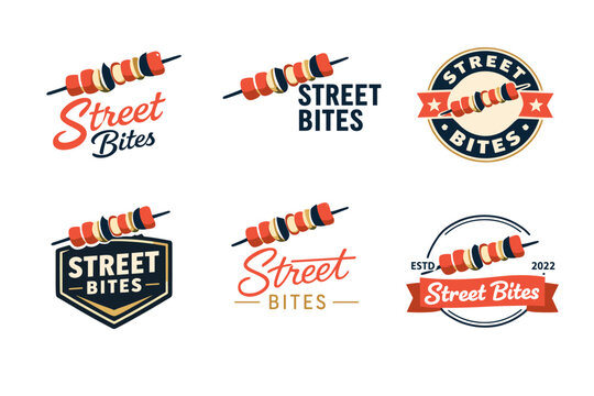 Street bites logos featuring skewered snacks in vintage styles