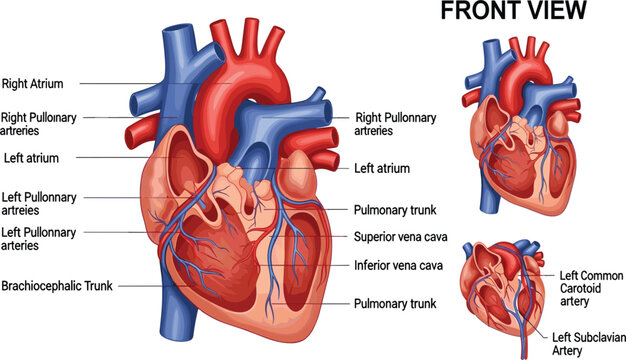 Human Heart Anatomy Front View Diagram with Labeled Atrium, Pulmonary Arteries, Vena Cava, and Major Blood Vessels Medical Vector Illustration