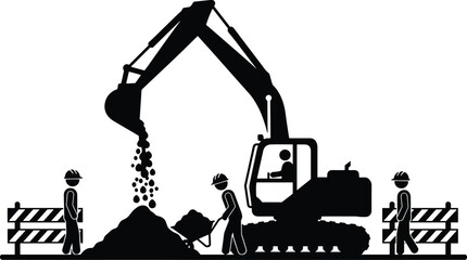 Road construction site silhouette vector with excavator digging soil and workers with wheelbarrow and safety barriers for utility repair and infrastructure development projects. © BAPPI
