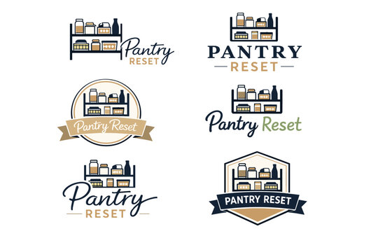 Pantry reset logo variations with shelves and food items