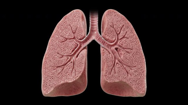 Human lungs inflating and deflating with visible bronchial tree isolated on transparent background