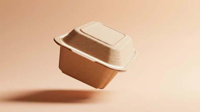 Eco-friendly disposable food container floating against a soft peach background with shadow