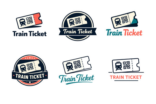 Train ticket icon set with qr code and train illustration