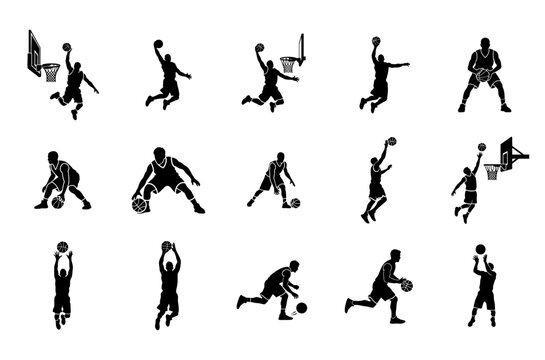 Basketball Player Silhouette Icons Black Flat Vector Set