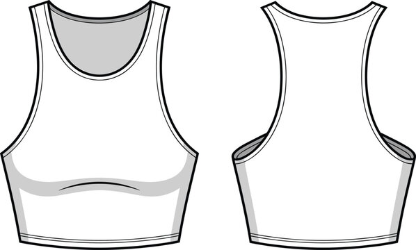 Front and back view of white cropped tank top with racerback design.