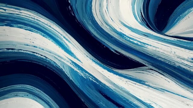 A contemporary abstract painting with bold, dynamic brushstrokes. The composition is dominated by curved lines that resemble large waves or fluid flows in harmonious movement.