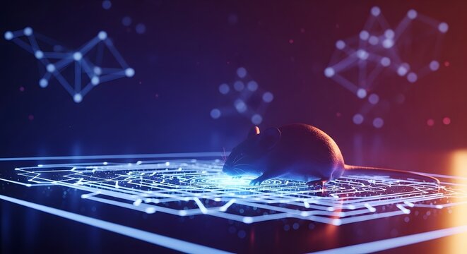 Scientific mouse on glowing geometric platform. Neurobiology and artificial intelligence testing. Lab rodent interacting with illuminated digital network patterns