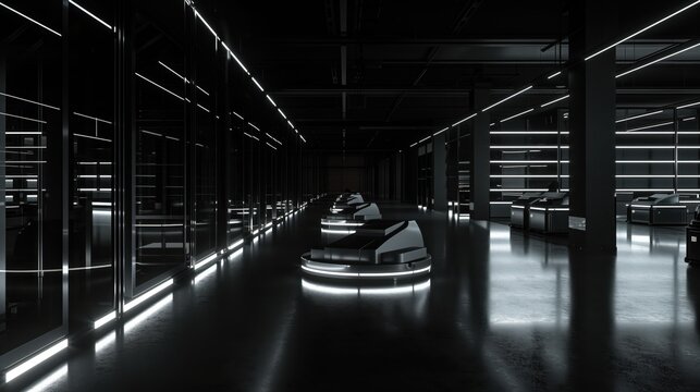 Generative AI autonomous robot navigating through dark cinematic warehouse facility