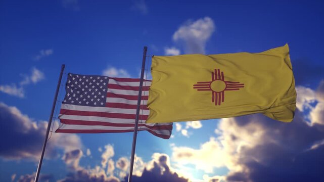 United States and New Mexico Flags Waving Against Dramatic Sunset Sky