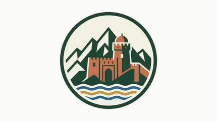 Naklejka premium Vintage-Style Castle and Mountain Range Logo
