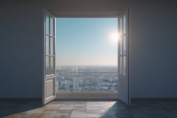Fototapeta premium Empty apartment with terrace city view