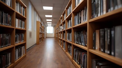 Obraz premium A quiet library aisle filled with towering wooden bookshelves packed with various books creating a sense of depth and academic atmosphere