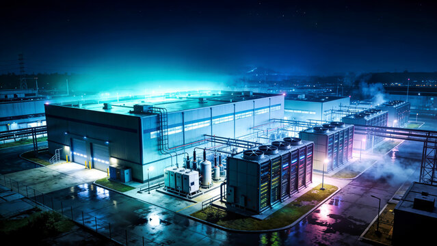 Large Data Center Campus in Industrial Zone at Night
