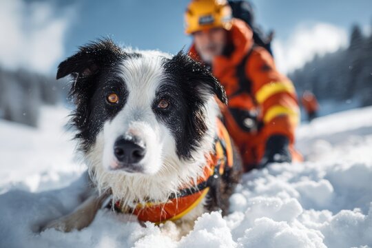 Rescue dog and handler in snowy mountain
