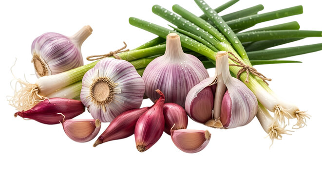 Fresh garlic bulbs and green onions on black background