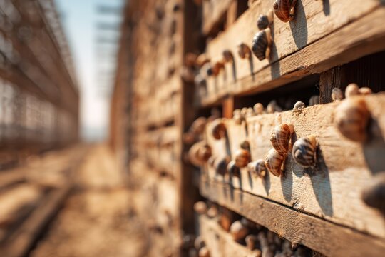 Heliculture farm with snails on planks