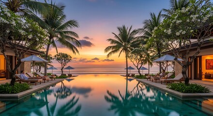 Obraz premium Luxurious tropical resort with an infinity pool overlooking the ocean at a vibrant sunset, flanked by palm trees and lounge chairs.