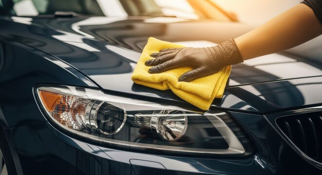 Professional car detailing service, worker hand in glove wiping black vehicle hood with yellow microfiber cloth, automotive polishing and maintenance