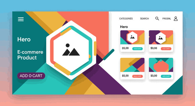 E-commerce website hero section, colorful geometric shapes, product showcase template, modern web design