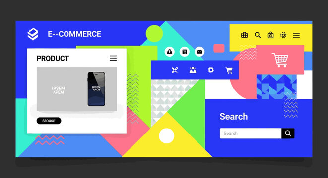 E-commerce website template, colorful geometric design, product page layout, online store UI, vector illustration