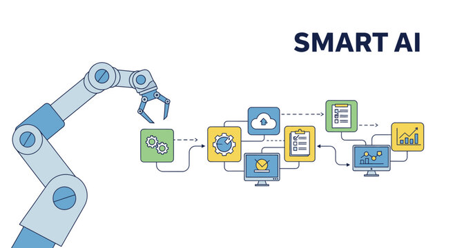 Robot arm, smart AI, technology icons, automation workflow, artificial intelligence
