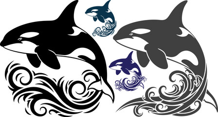 Fototapeta premium Orca whale icons, killer whale silhouettes, ocean wave graphics, vector orca illustrations