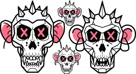 Fototapeta premium Monkey skulls, cartoon punk skulls, vector illustration set, animal icons