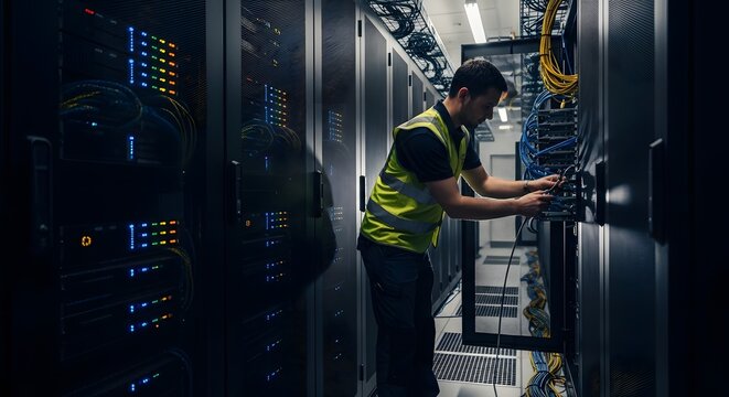 IT professional working in a dark data center room. Network maintenance and hardware installation. Male technician in a safety vest connecting cables to a large server rack system