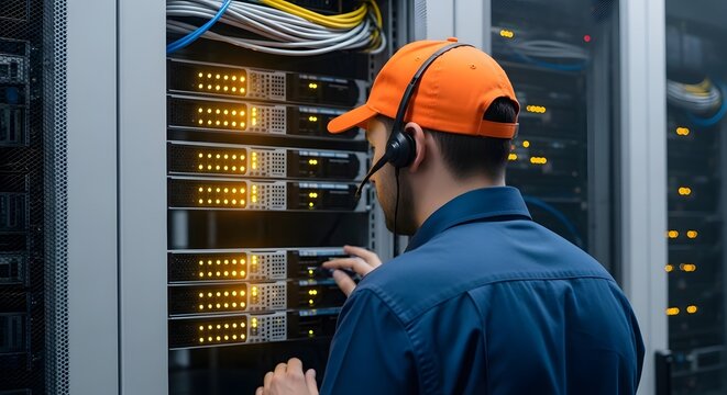 IT support technician wearing a headset working on a server rack. Customer service and technical maintenance. Back view of a man in an orange cap checking hardware in a data center