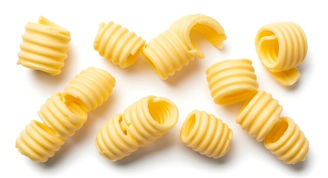 Overhead View of Freshly Rolled Yellow Butter Curls on a Clean White Surface.