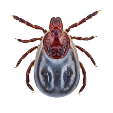 Close-up of a tick attached to a surface with visible body segments and legs