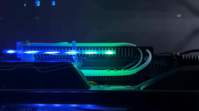 Graphics card with water cooling system and glowing blue and green LEDs, abstract fluid motion featuring RGB lighting, LED lights, computer hardware
