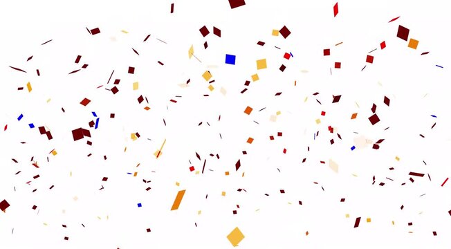 Colorful fireworks confetti explodes on white background, Slow-Motion 4K Confetti Drops with Alpha Channel - Customizable Particle Overlay for Creators and Motion Graphic Artists