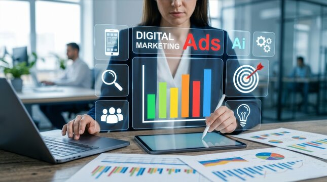 Digital Marketing and AI Advertising Concept with Data Analytics Dashboard and Business Icons