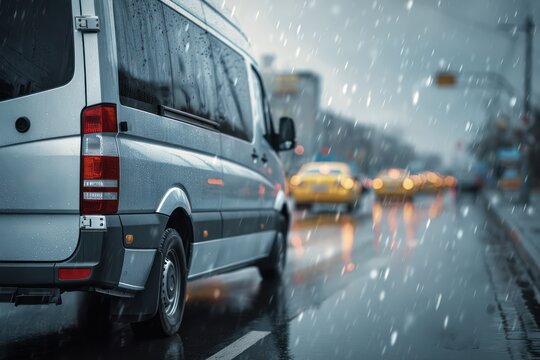 Side view of shuttle van with banner