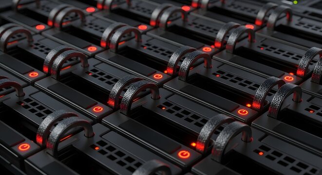 Close up of modular server blade units with red power lights. Hardware storage and computing power. Rows of high performance server components in a dark data center rack