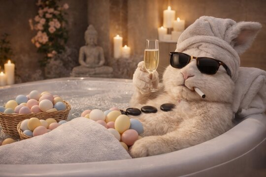 Funny Luxury Spa Rabbit Relaxing in Bathtub with Champagne and Pastel Easter Eggs, Surreal Wellness Holiday Concept for Advertising, Banner, Hospitality Promotion and Seasonal Marketing